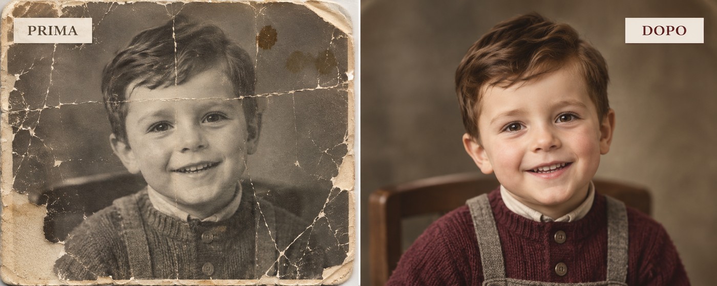Esempio prima e dopo del restauro di una vecchia fotografia